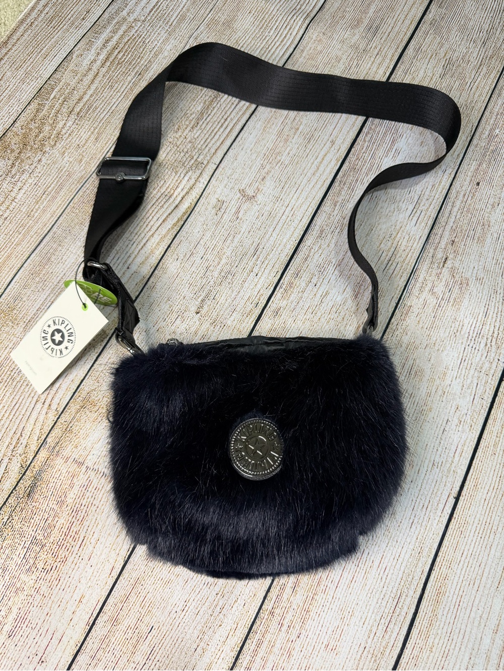 NWT Kipling Aminda Crossbody Bag Faux Fur Nocturnal Black Fluffy Purse